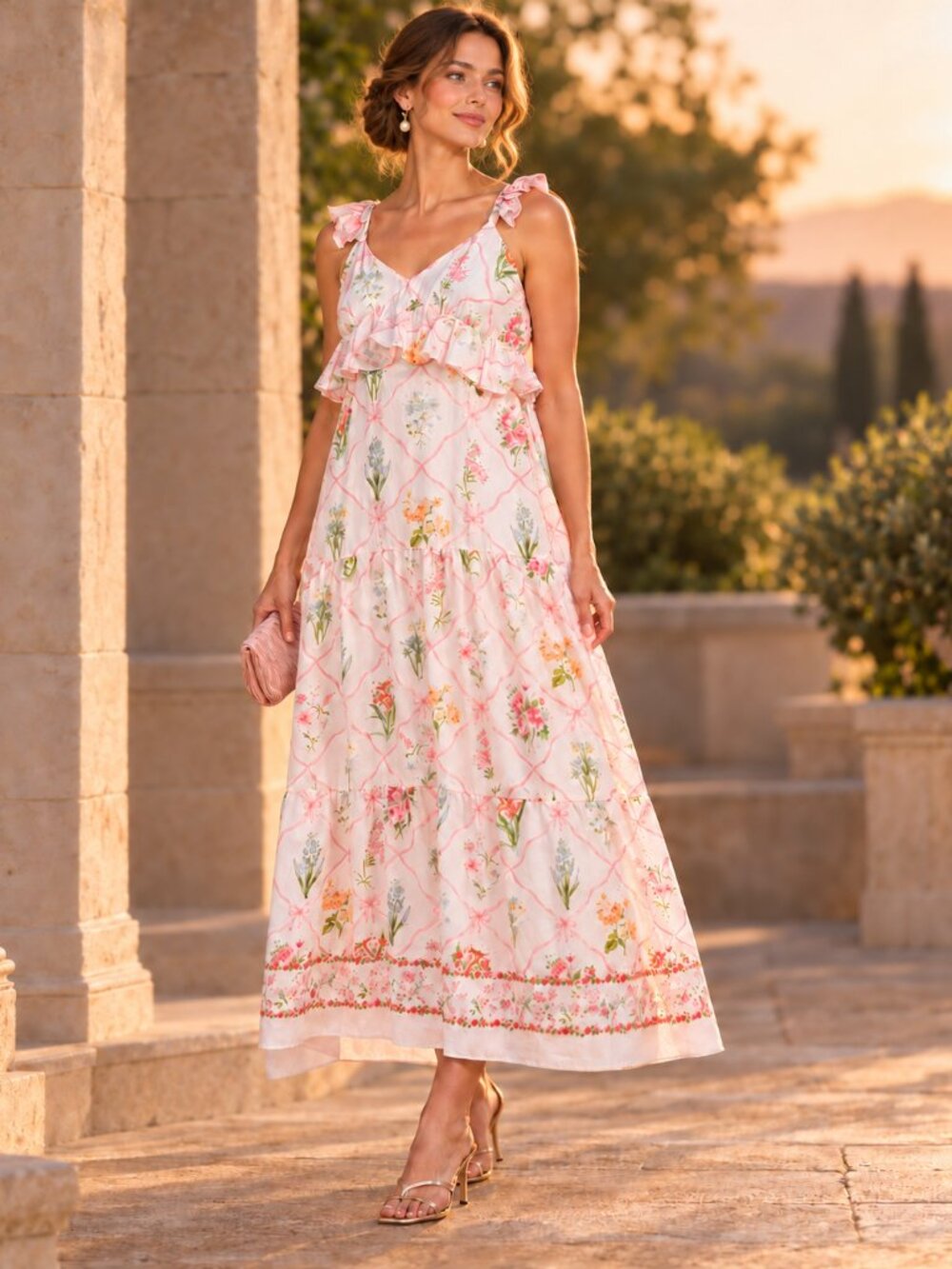 Taylor Peach Pink Floral Ruffle Maxi Dress Size 12